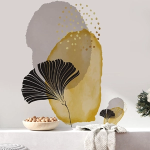 Detail of abstract ginkgo leaf wall stickers with gold and grey geometric color blocks