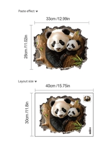 Detailed view showing 3D panda wall sticker layout and dimensions for room decoration