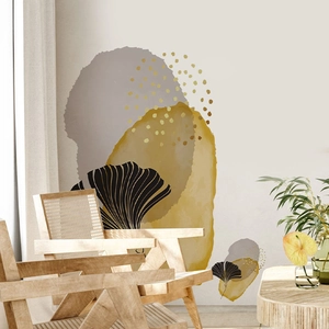 Detail of self-adhesive wall decals with abstract ginkgo leaves and geometric patterns