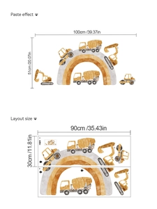 Detailed wall sticker layout and paste effect showing construction vehicle dimensions