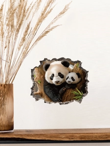Detailed 3D wall decal showing a cute giant panda and cub breaking through a white wall