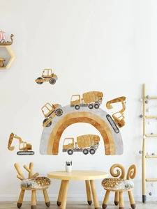Watercolor construction vehicle wall decals featuring excavators and a rainbow for nursery