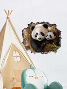 3D wall sticker detail of giant pandas with green bamboo leaves for nursery decoration