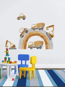 Detailed wall sticker layout featuring watercolor construction vehicles and a rainbow on a wall
