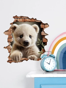 3D visual effect wall sticker of a cute cub peeking through a broken red brick wall