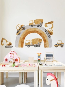 Detailed view of watercolor construction truck wall stickers and rainbow in kids bedroom