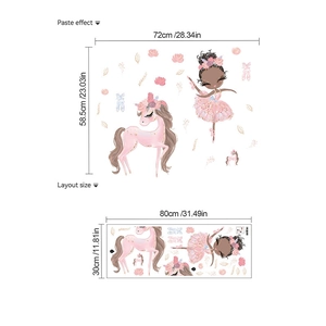 Détail de stickers muraux licorne rose et ballerine avec fleurs et dimensions précises