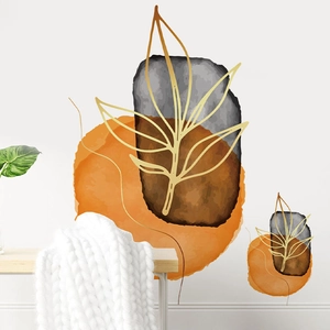 Minimalist Nordic wall decal featuring gold leaf lines and abstract watercolor shapes