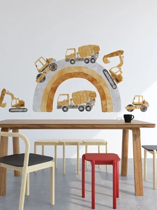 Artistic watercolor construction vehicle wall stickers featuring excavators and a rainbow