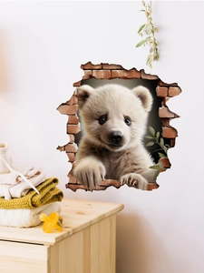 Macro detail of 3D panda wall sticker showing realistic fur and broken brick wall effect