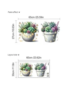 Size chart showing succulent plant wall sticker layout and finished dimensions in inches