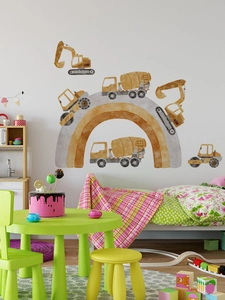 Watercolor construction vehicles wall decal for children's bedroom showing excavation scene