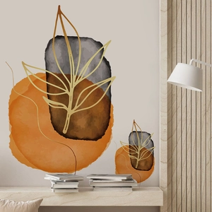 Detail of leaf line art wall sticker with abstract orange and grey watercolor circles