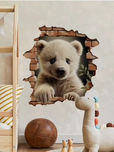 Detailed 3D wall sticker featuring a cute polar bear cub breaking through a red brick wall