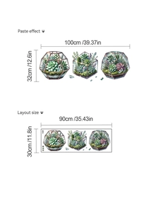 Dimensioni dei wall sticker con succulente che mostrano l'effetto e il layout 90x30cm