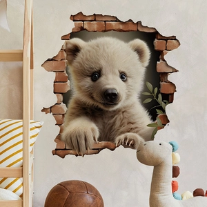 3D Broken Wall Effect Animal Wall Stickers Creative Panda Polar Bear PVC Decals For Kids Room Bedroom Home Decor Waterproof Removable