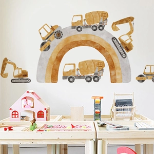 Construction site wall decals with watercolor vehicles and rainbow for nursery decor