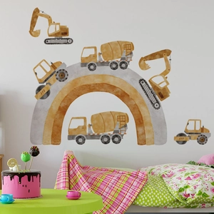 Watercolor construction vehicle wall stickers with yellow excavators and rainbow for boy room