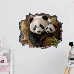 3D panda mother and cub wall decal bursting through white wall for home decor
