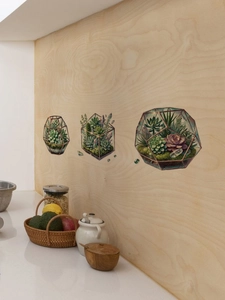 Adesivi murali autoadesivi di piante succulente in terrari geometrici su parete di legno