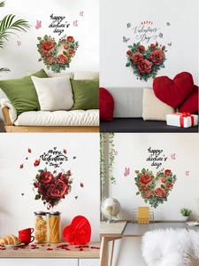 Détail du sticker mural cœur de roses rouges avec texte Happy Valentine's Day