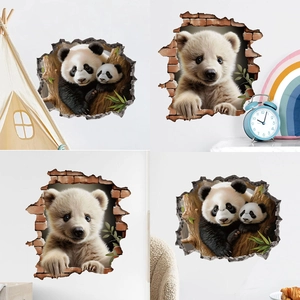 3D panda wall stickers for kids room featuring realistic broken wall effect and brick texture