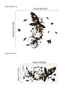 Detail of black butterfly wall sticker showing size layout and 61x54.5cm finish effect