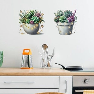 Watercolor succulent plant wall stickers with warm fairy lights for modern home kitchen decor