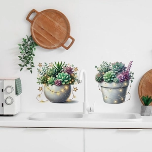 Self-adhesive succulent wall decals with string lights decor for living room kitchen