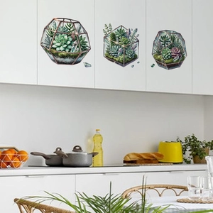 Adesivi Murali Terrario Geometrico Piante Succulente Acquerello PVC Impermeabile Decalcomanie Armadio per Cucina Camera da Letto