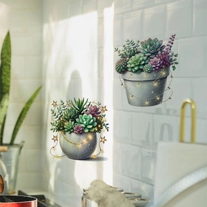 Succulent plant wall decals with fairy lights for living room decor on white tiles