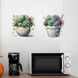 Self-adhesive succulent plant wall stickers with glowing light string decor for kitchen wall