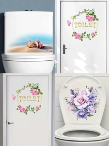 Detailed views of floral rose and beach shell self-adhesive PVC toilet stickers
