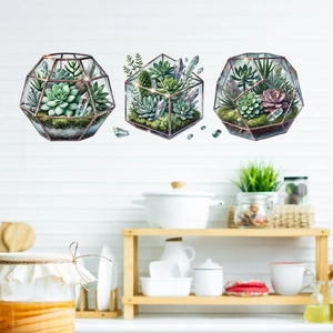 Adesivi murali 3D con piante grasse in vasi geometrici per decorazioni cucina nordica