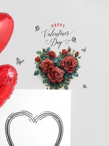 Détail de l'autocollant mural cœur rose rouge avec papillons noirs et texte Saint-Valentin