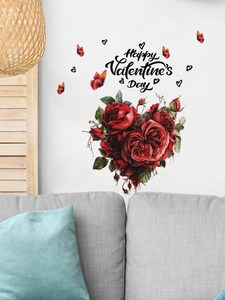Détail du sticker mural Happy Valentine's Day avec cœur de roses rouges et papillons
