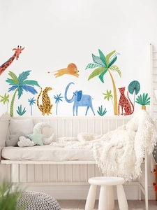 Détail de stickers muraux animaux du zoo peints à la main avec girafe et lion pour enfants