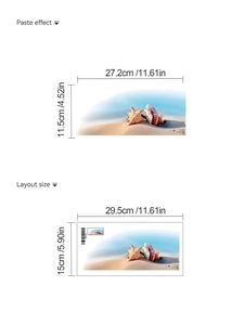 Detailed layout showing starfish and seashell wall stickers with specific dimensions