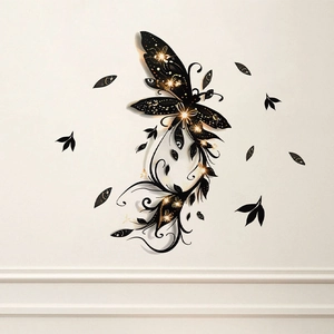 Elegant black butterfly wall sticker with gold star accents for home wall decoration