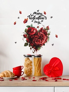 Détail de l'autocollant Happy Valentine's Day avec cœur en roses rouges et papillons