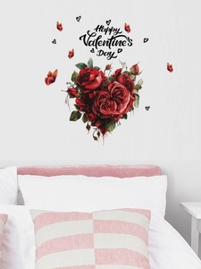 Détail du sticker mural Happy Valentine's Day avec roses rouges et papillons colorés