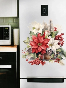 Detailed Christmas floral decal featuring red poinsettias and pinecones on a white fridge