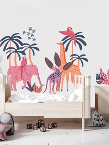 Détail de stickers muraux nordiques d'animaux du zoo et palmiers bleu marine pour chambre
