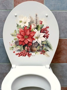 Detailed Christmas toilet lid decal featuring red poinsettias, pine cones, and berries