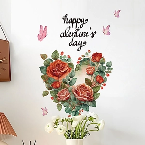 Stickers muraux Saint-Valentin avec un cœur de roses rouges et papillons roses