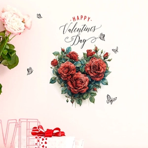 Sticker mural rose rouge en forme de cœur avec papillons et texte Happy Valentine's Day