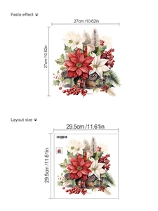 Detailed size chart for Christmas poinsettia flower toilet stickers with paste effect and layout dimensions