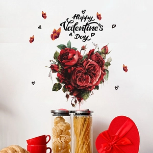 Stickers muraux Saint Valentin avec cœur de roses rouges et papillons romantiques