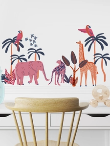 Vue détaillée des stickers muraux animaux de la jungle avec girafe et éléphant dans une pièce