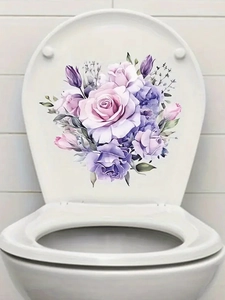 Close-up of elegant purple floral and rose pattern sticker on a white toilet lid